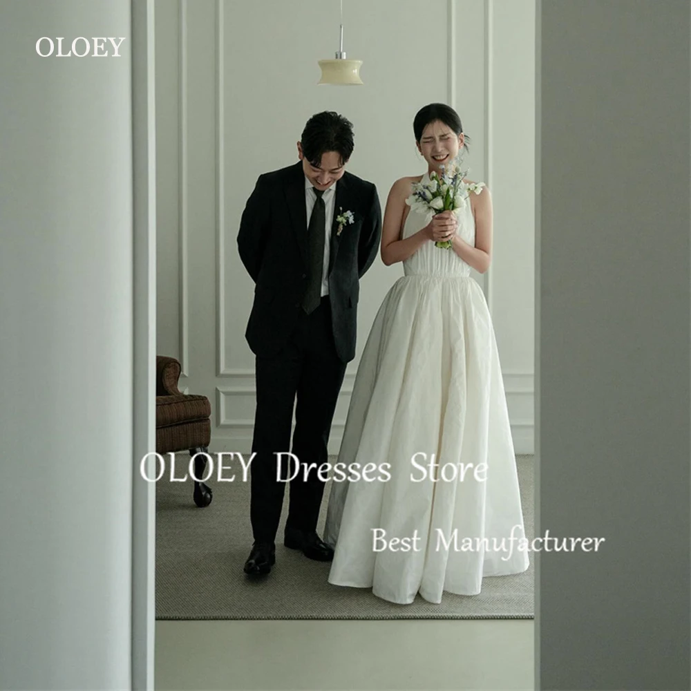 

OLOEY 2024 Simple Taffeta A Line Wedding Dresses Korea Photoshoot Halter Bowknow Floor Length Corset Back Bridal Gowns