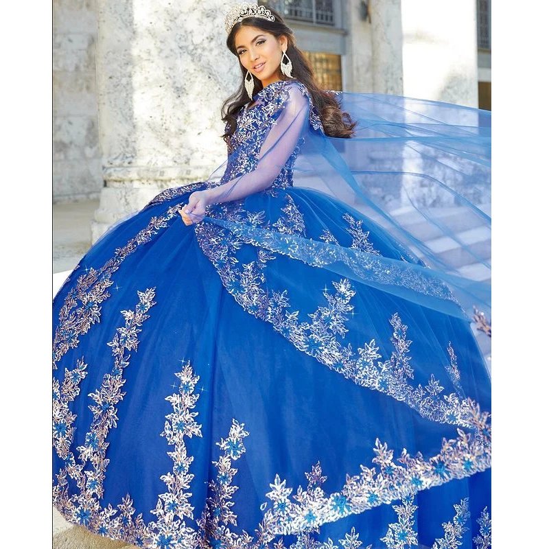 Customized Royal Blue Ball Gown Quinceanera Dress Gold Lace Appliques Beads Cape Sweet 16 15 Vestidos De 15 Años YQD553