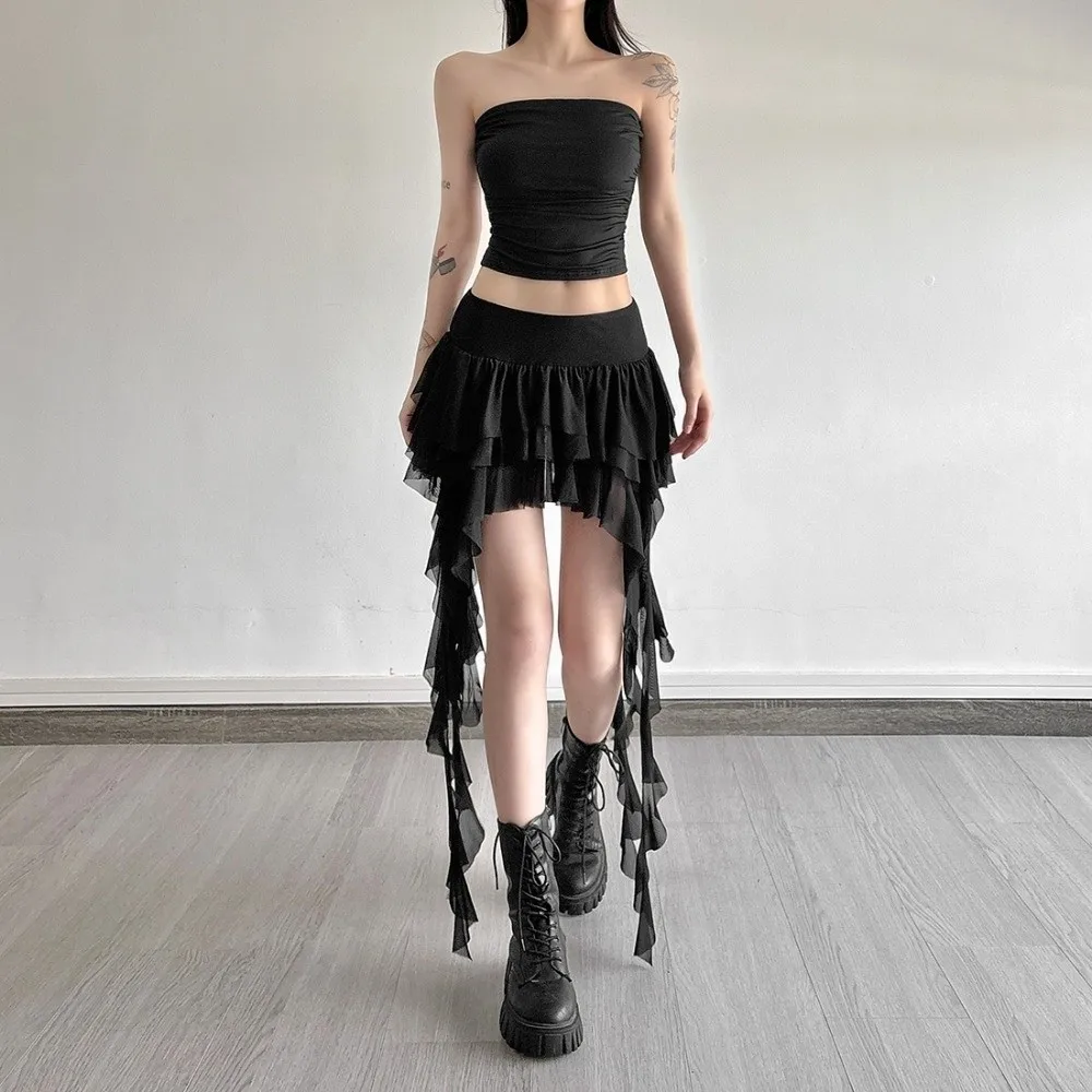 Casual High Waist Women's Tiered Skorts Layered Asymmetrical Hem Mini Skirt Ruffled Flowy Goth Skirt Summer Wear