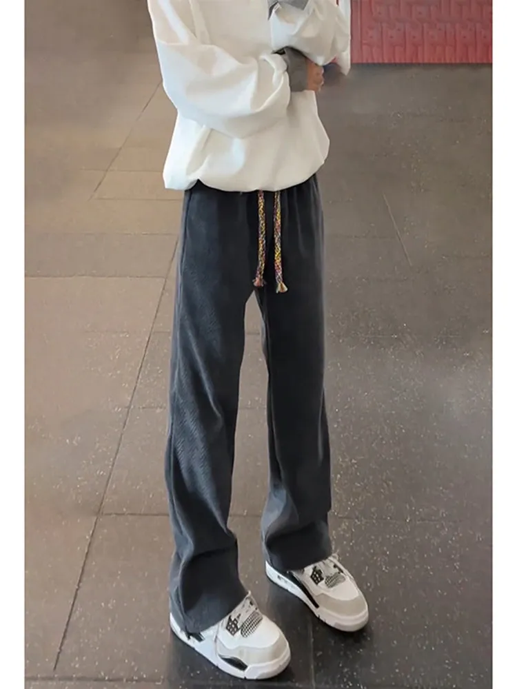 Deep Grey American Straight Leg Knitted Sports Casual Pants Men's Autumn Spring Heavyweight Elastic Waistband Grain Pattern