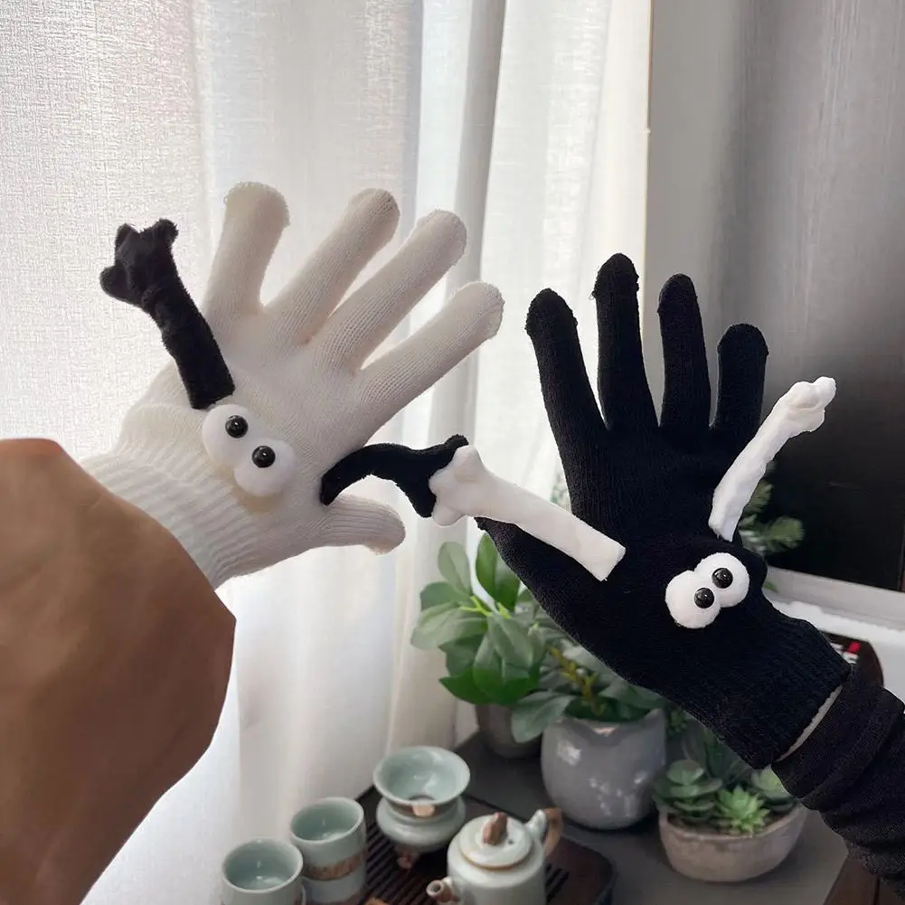 Lovely Knitted Gloves For Couple Funny Magnetic Suction Hand In Hand Gloves Elastic Funny Big Eyes Full Fingers Winter Gloves