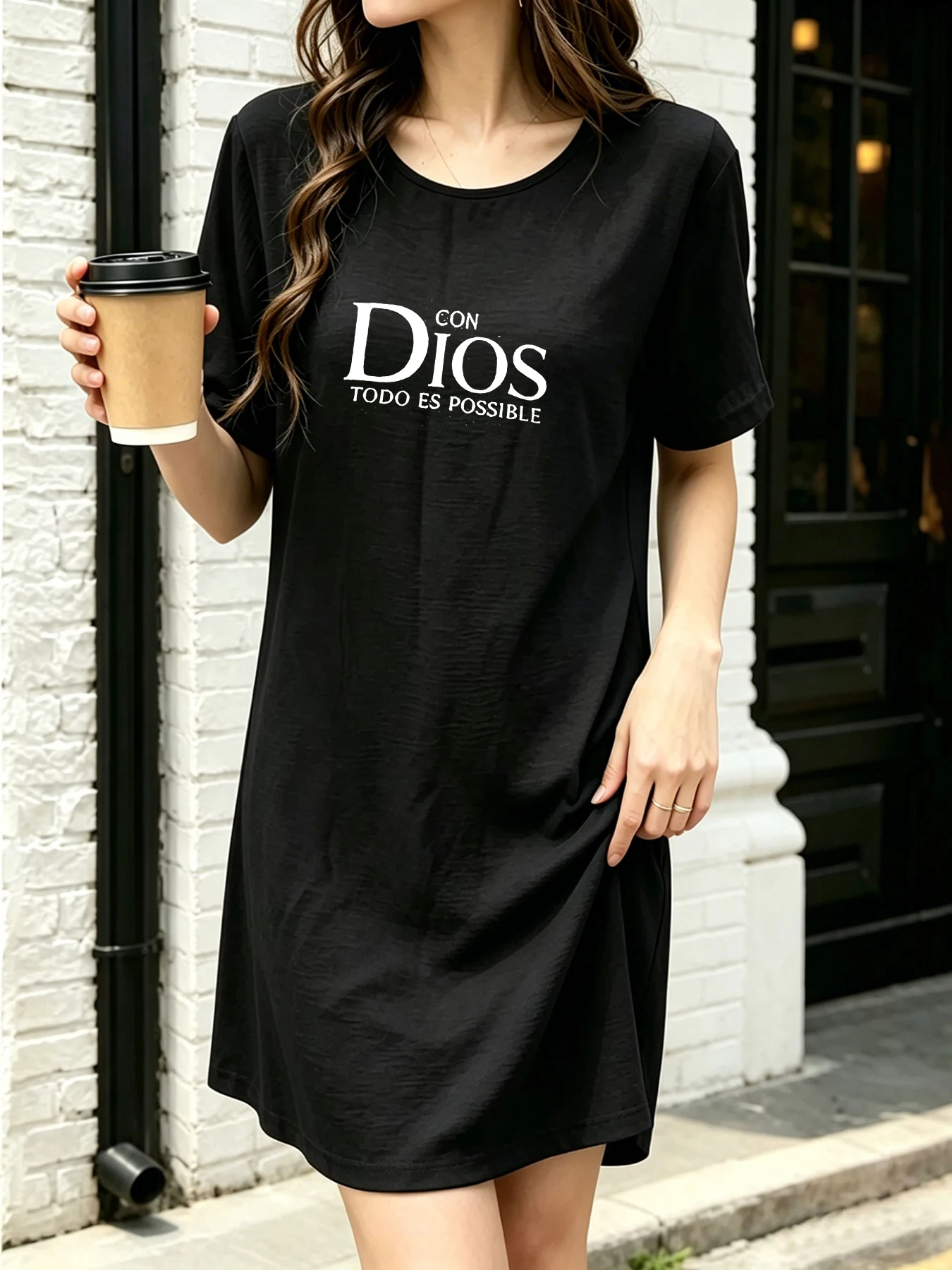 

Summer Thin Breathable Simple Style T-Shirt Dress with Dios Letter Print, Loose Mid-Length Dress, Versatile and Unique Style