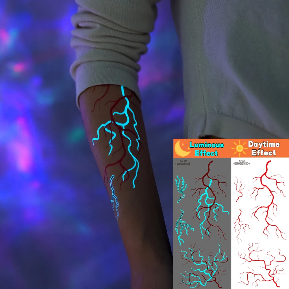 1pcs Glow in The Dark Kpop Temporary Tattoos For Women -Cool Blue Purple Lightning & Blood Vessels Body Art Fake Tattoos Party