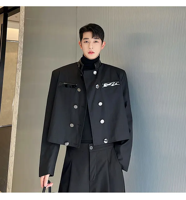 Men Metal Buckle PU Leather Splice Stand Collar Double Breasted