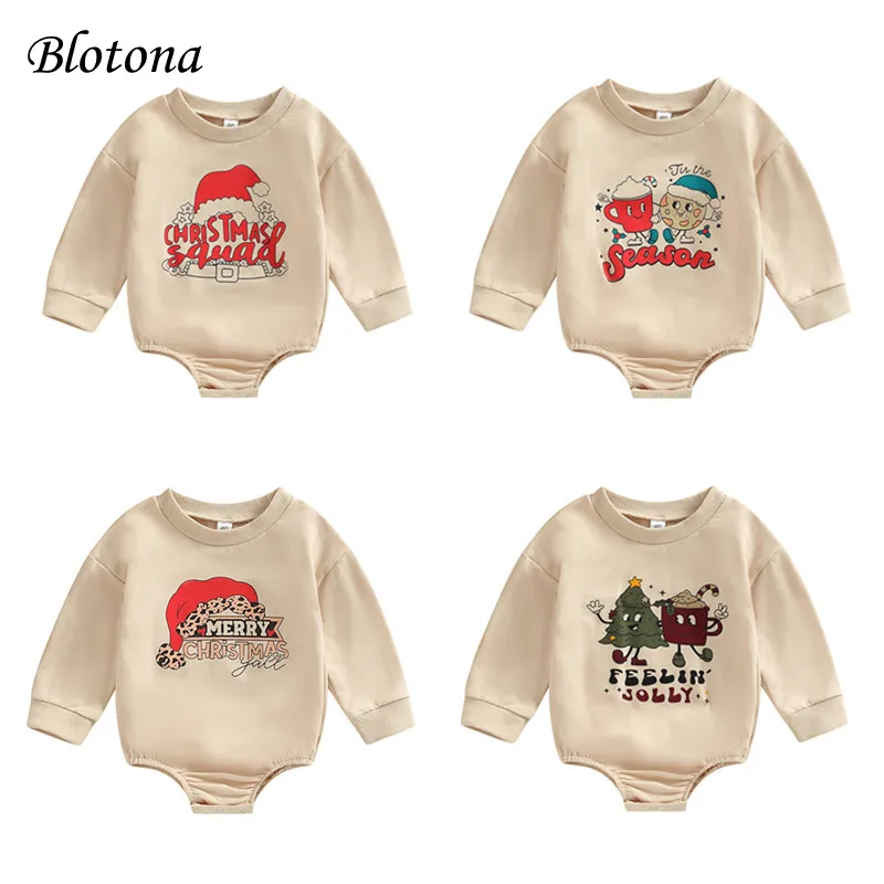 

Blotona Baby Girls Autumn Casual Romper Long Sleeve O-Neck Letter Cartoon Christmas Hat Print Romper, 0-18Months