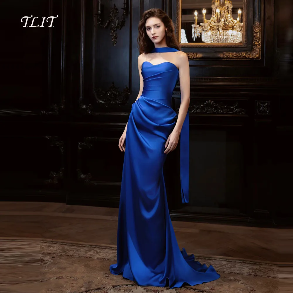

TLIT Elegant Noble Blue Silk Satin Evening Dresses Strapless vestido de noite customized Long Shawl Sleeveless Party Dresses