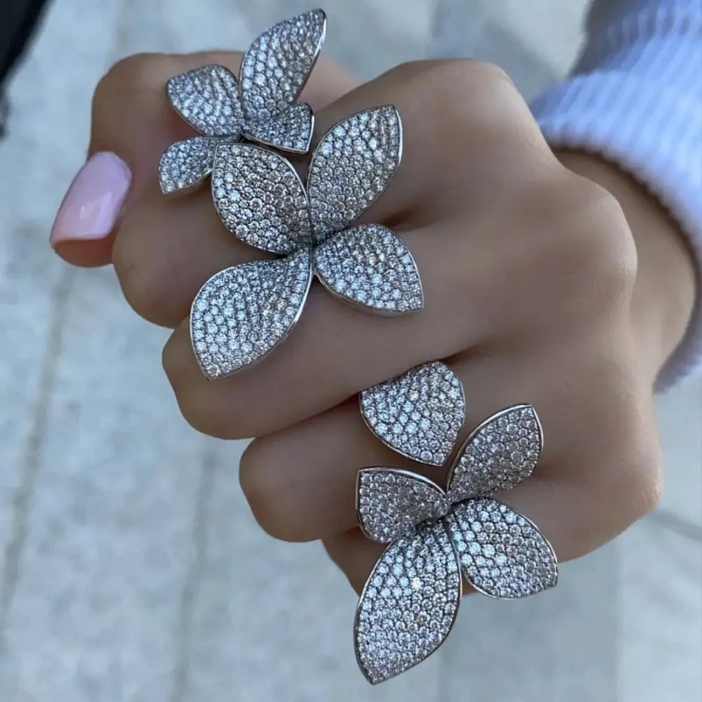 2024 New Design Iced Out Sparkling Cubic Zirconia Cz Leaf Flower Open Adjusted Rings High Quality Women Bridal Wedding Jewelry