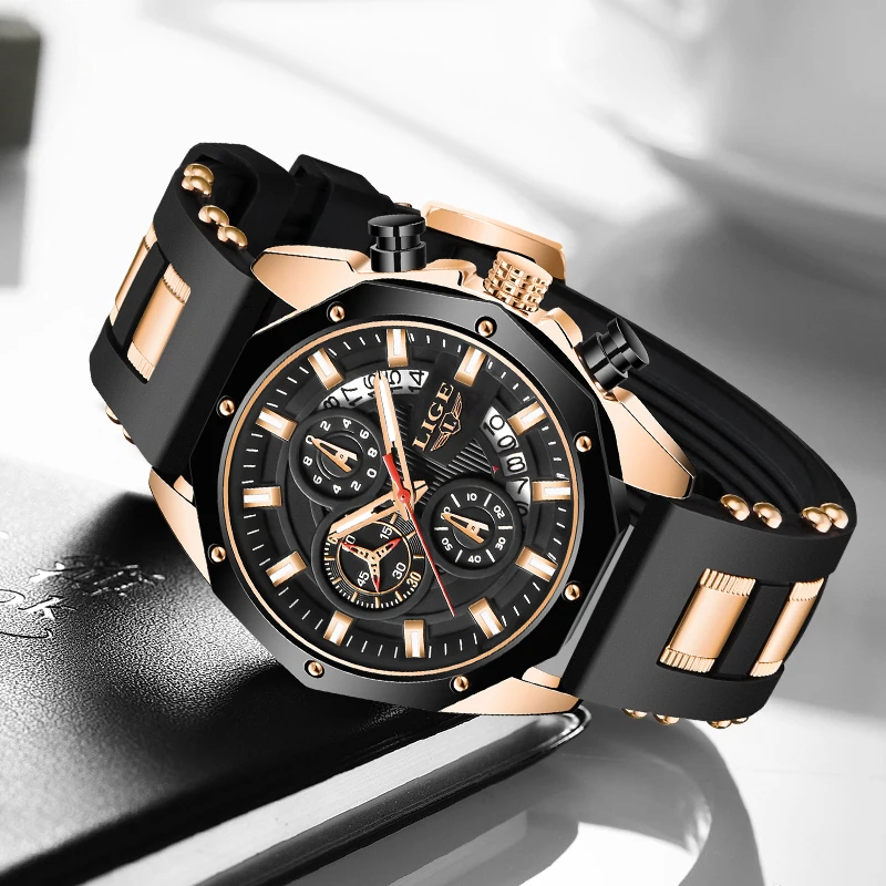 LIGE Casual Sport Man Watch Outdoor Fashion Silicone Strap Simple Dial Clock Waterproof Luminous Calendar Quartz Watches for Men