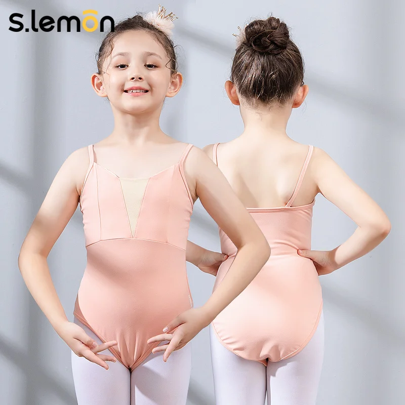 S.limon-leotardo de Ballet para niñas, traje de baile para niños, traje de entrenamiento de gimnasia empalmado frontal con tirantes finos de nailon para niños pequeños