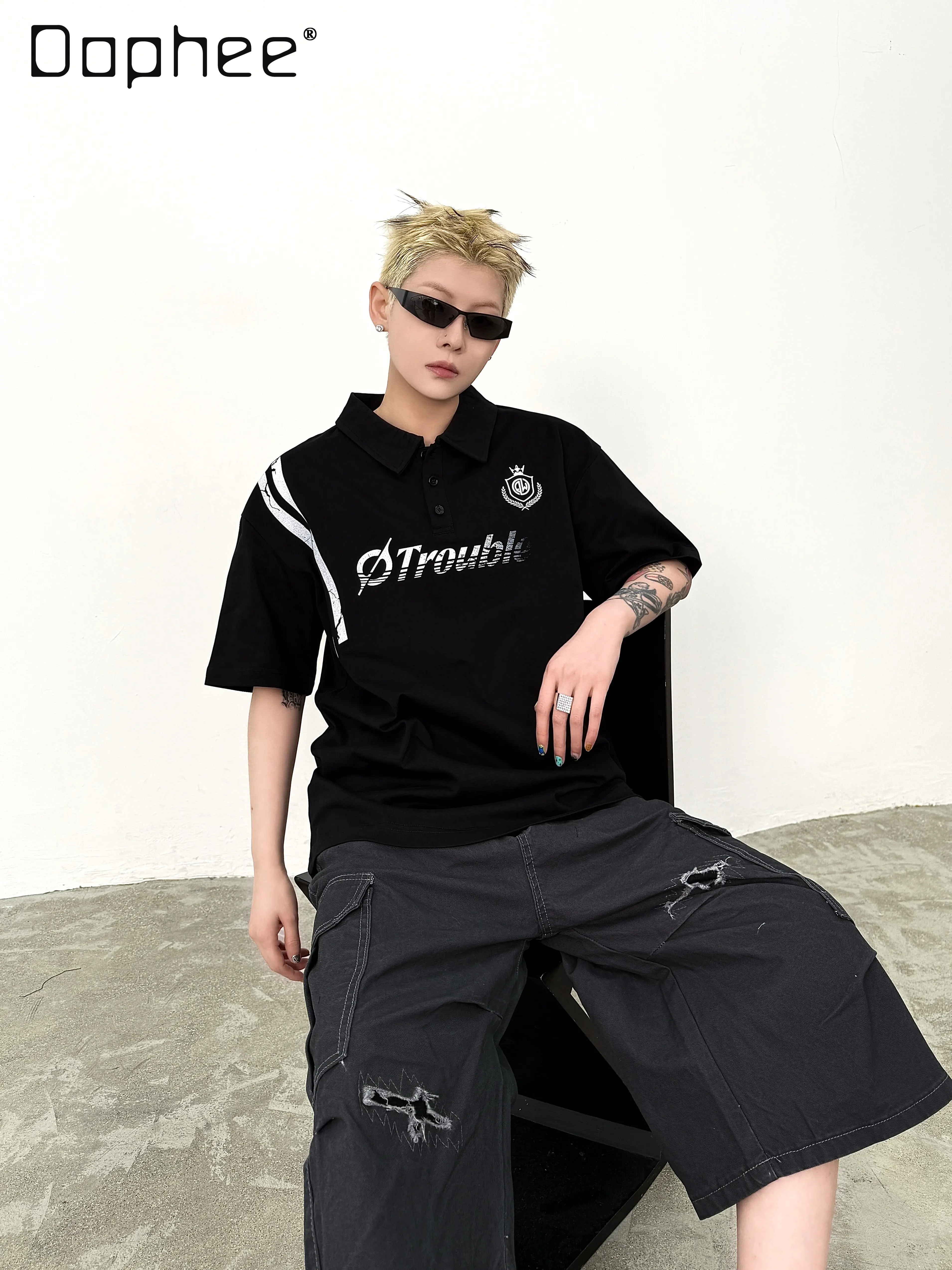 

2026 Summer New Men's American High Street Style Black Lapel Polo Shirt Loose Casual Grey Letter Print Short Sleeve T-Shirt