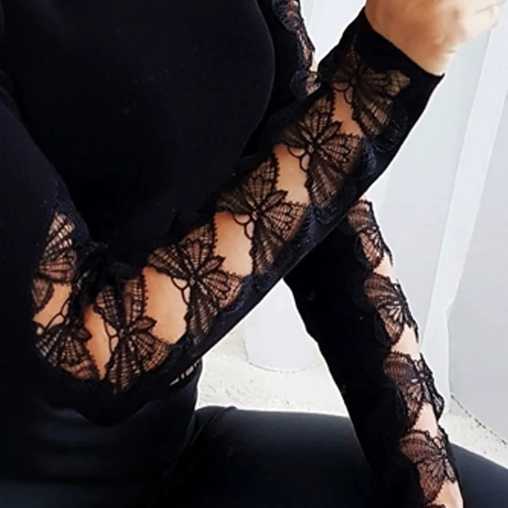 Butterfly Lace Pattern Top Crewneck Hollow Out Shirt Top Women Tees Sexy Tops Lace Floral T-Shirts Casual Elegant Autumn Winter