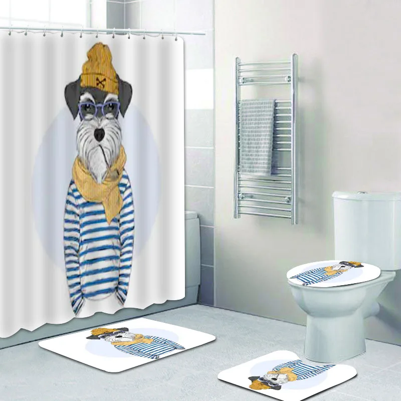 Animal Style Cute Cartoon Schnauzer Shower Curtain Set For Bathroom Home Decor Miniature Puppy Dogs Bathroom Curtain Waterproof