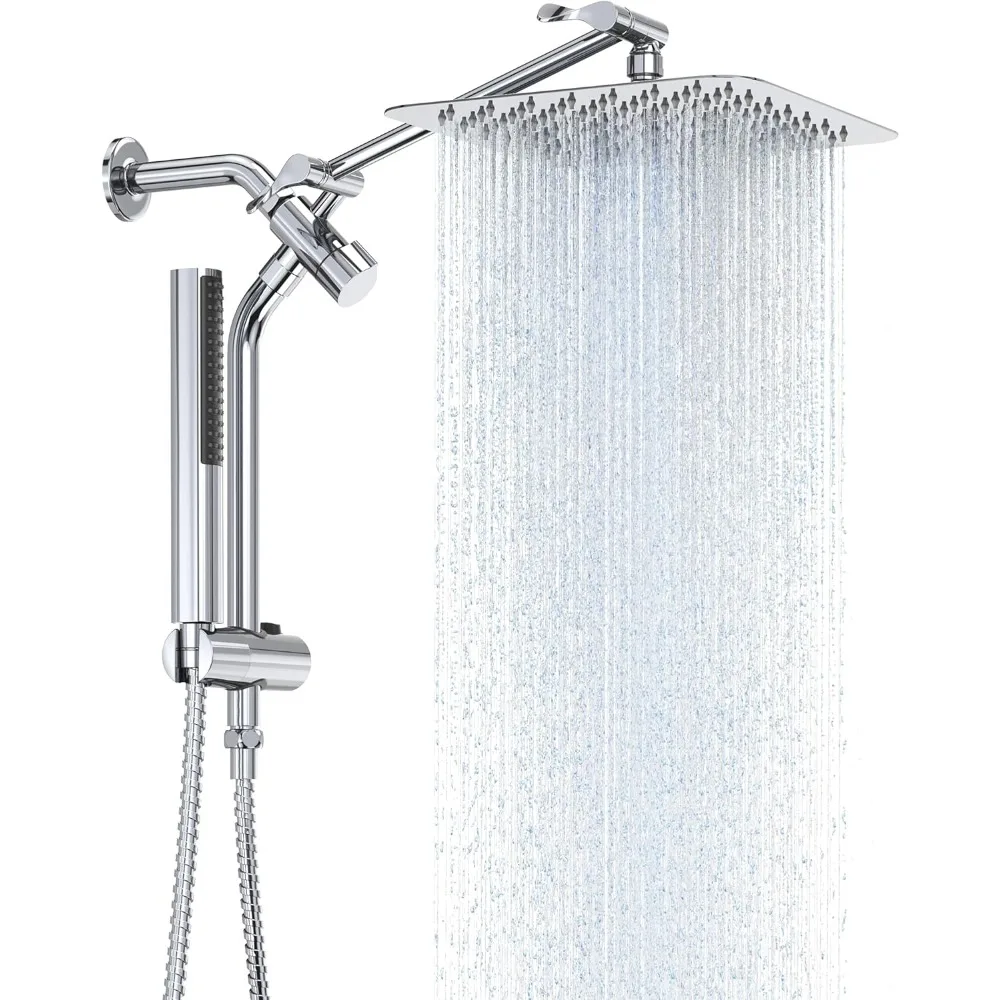 10'' All Metal Rain Shower Head with Handheld Spray Combo, Wide Square Showerhead with Extension Arm & Power Wash, Chrome