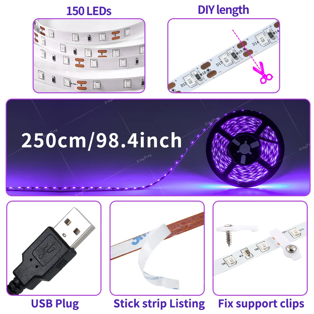 250cm USB 블랙 라이트 스트립 5피스 LED 블랙 라이트(배터리 박스 포함) 형광 파티 할로윈 크리스마스 생일 파티 세트