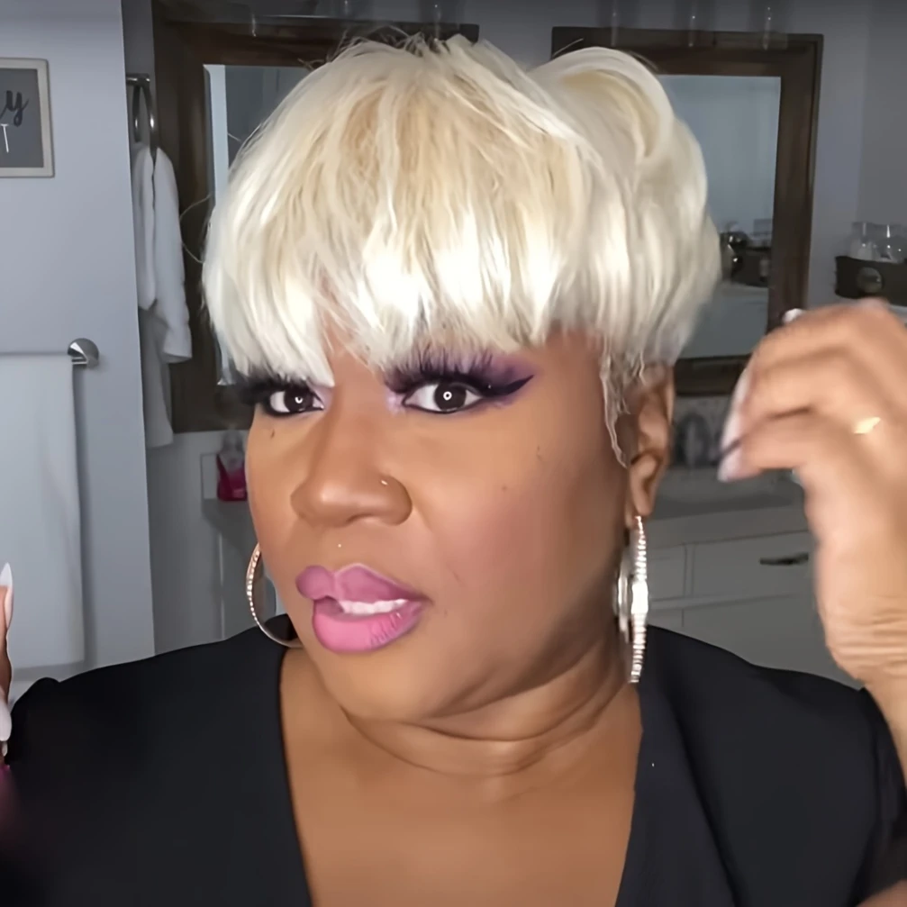 613 금발 컬러 스트레이트 인간의 머리 가발 여성용 픽시 컷 가발 전체 기계 제작 가발 150% 밀도 6인치