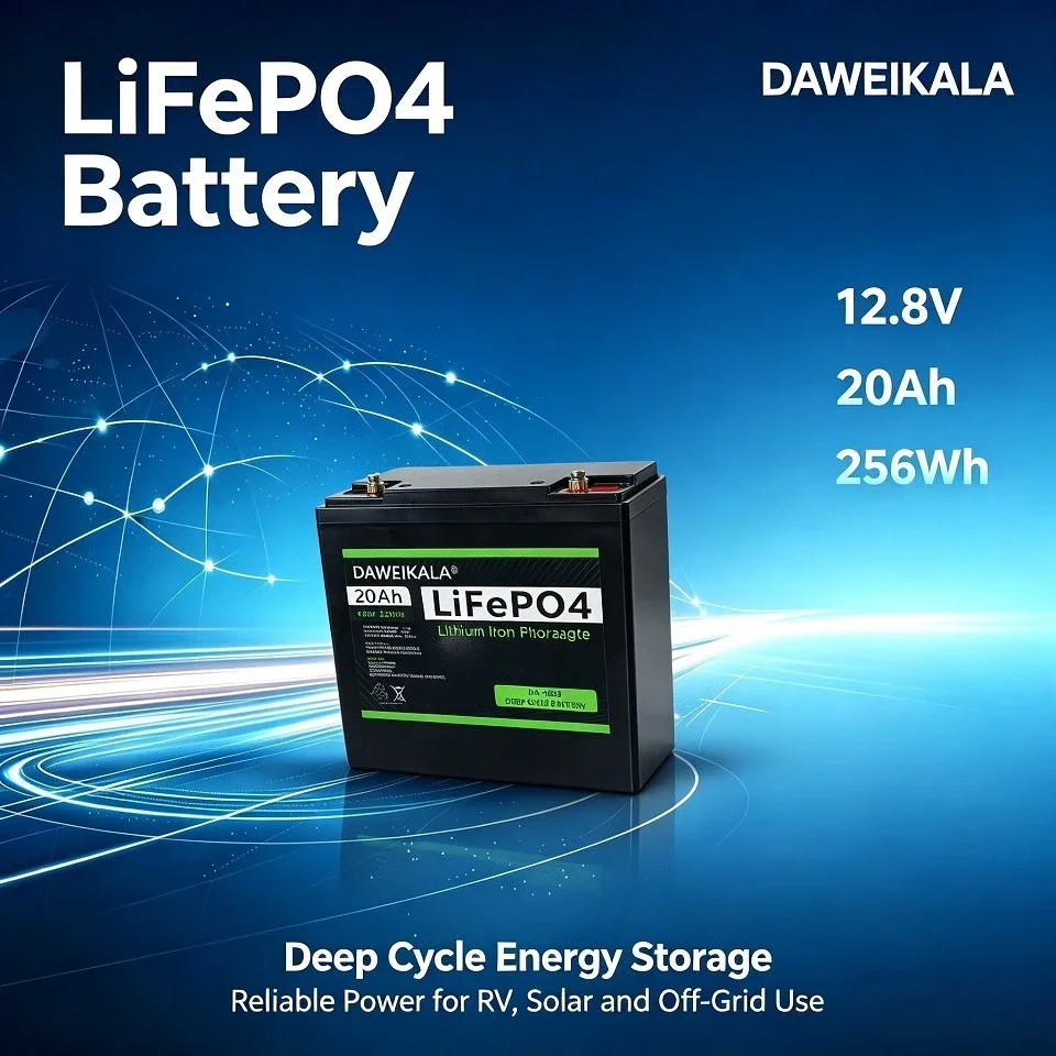 DAWEIKALA 12,8V 20Ah LiFePO4 Lithium-Eisenphosphat-Tiefzyklusbatterie mit eingebautem BMS-Schutz, 256Wh wiederaufladbare Batterie für Solarenergiespeicher, Wohnmobile, Boote, USV und