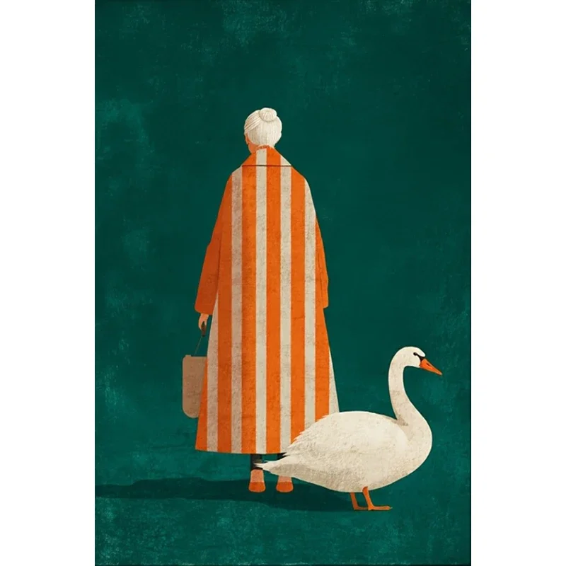 Figure in Orange White Striped Poster Prints Old Woman and White Goose Canvas Painting Wall Art Picture Living Room Home Deco