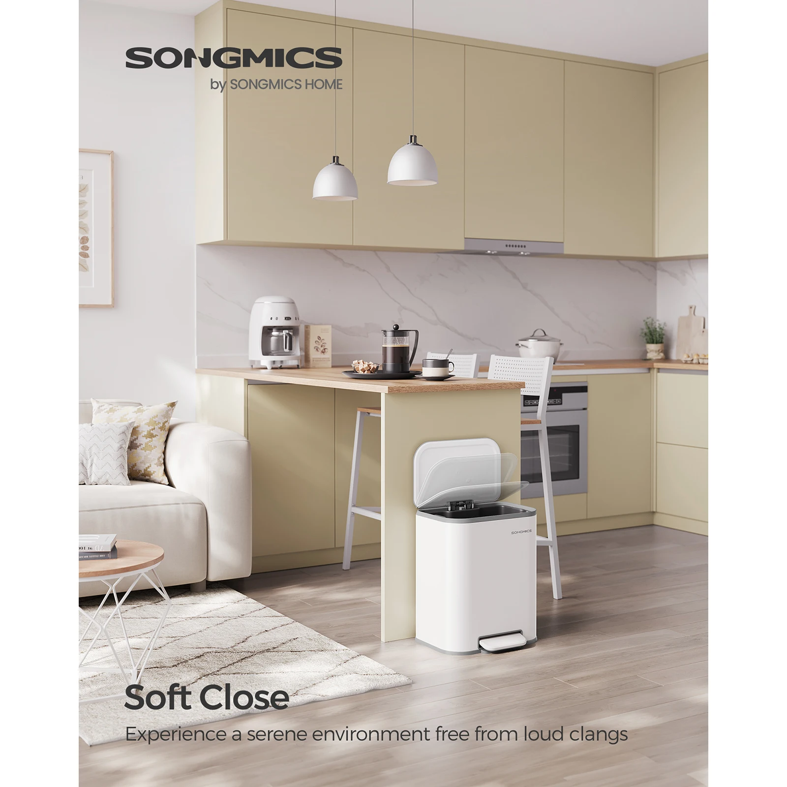 SONGMICS Kitchen Bin, 20L Pedal Bin, Steel Trash Bin, Soft-Close Lid, Stays Open, Inner Bucket, Wide Non-Slip Pedal