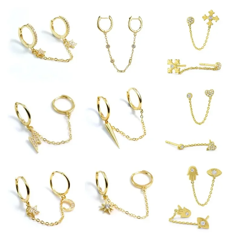 Multiple Hangs Double Hole Link Chain Circle Hoop Earrings Zircon Moon Star Lightning Pendant Huggie Piercing Ear Ring Jewelry