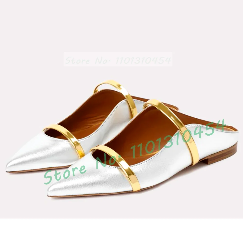 Nude Leather Flats Slippers Women Pointed Toe Shoes With Double Straps Summer Party Mule-inspired Open Back Silhouette Slipper