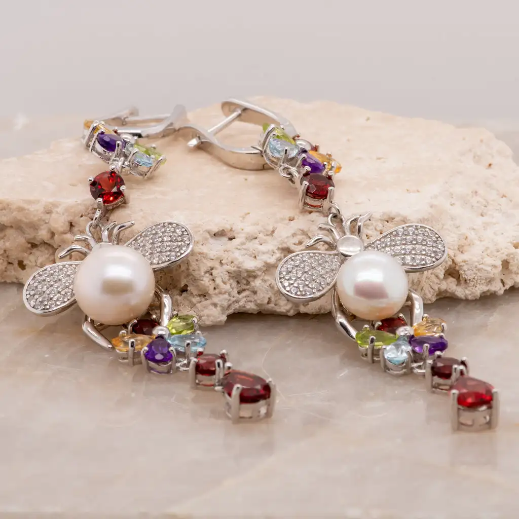 GEM\'S BALLET Natural Flower Multicolor Gemstone Earrings 925 Sterling Silver Freshwater Pearl Vintage Drop Earrings For Women