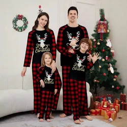 2024 new autumn Christmas family suit, family pajamas set, round neck red and black check cute deer print long sleeve home suit