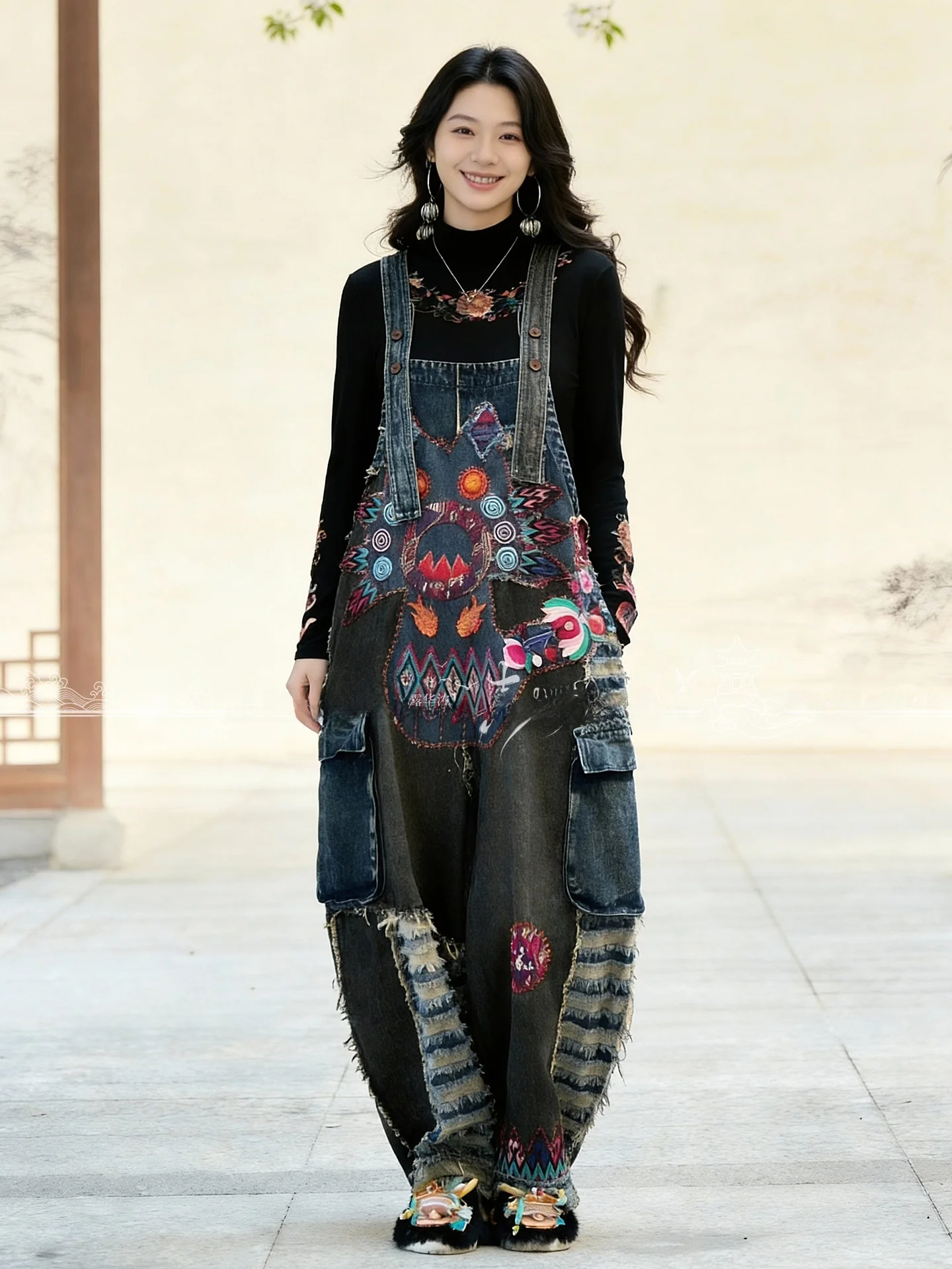 

Original National Sle Heavy Embroidery Denim Overalls Women's Vintage Patchwork Embroidered Loose Ethnic Long Pants