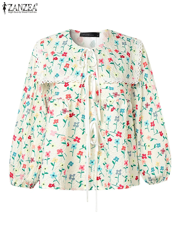 

Stylish Printed Holiday Blouses ZANZEA Summer Spring Shirt Women Bohemian 3/4 Sleeve Work Tops Casual Lace Up Blusas Chemise