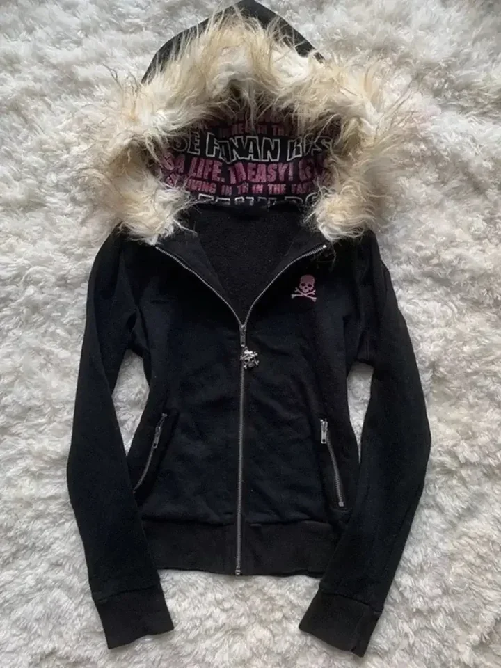 Y2K Black Fur Collar Zipper Sweatshirt Hoodie Sexy Women Sweatshirt Harajuku Goth Letter Graphic Print Slim Coat Winter Clothes