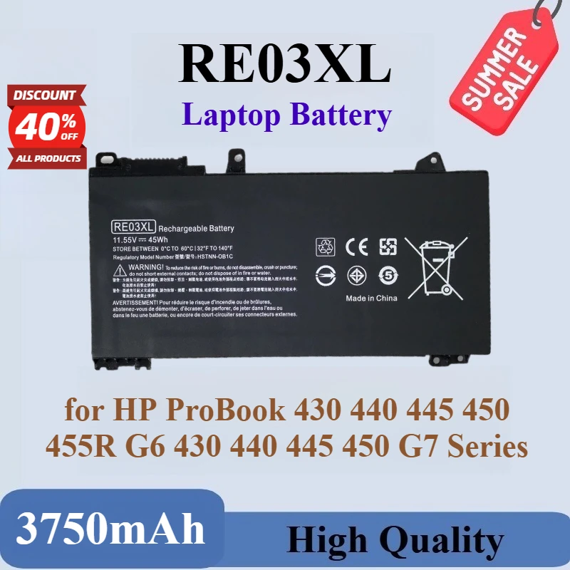 New High Quality RE03XL Laptop Battery 11.55V 3750mAh 45Wh for HP ProBook 430 440 445 450 455R G6 430 440 445 450 G7 Series