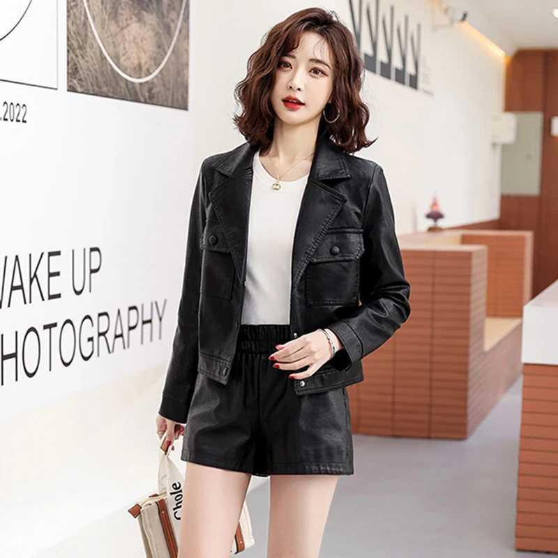 New Spring Autumn Women Leather Jacket Fashion Ladies Single Breasted Biker Coat Casual Short Tops Sheepskin Outerwear Female