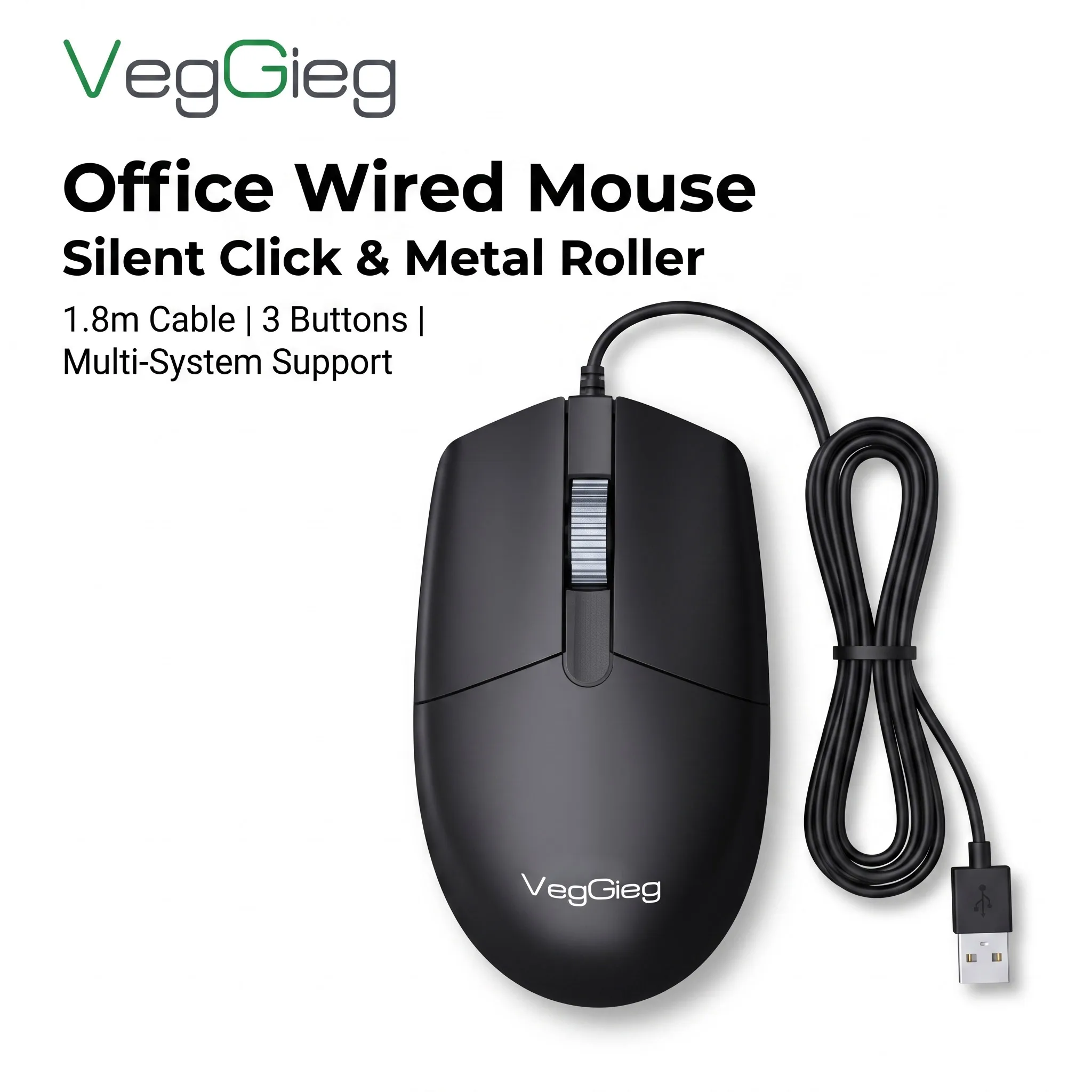 VegGieg 1200DPI Wired Mouse Silent Click with 1.8M Braided Cable Ergonomic Design Office Mouse Teflon Feet for PC Laptop Desktop