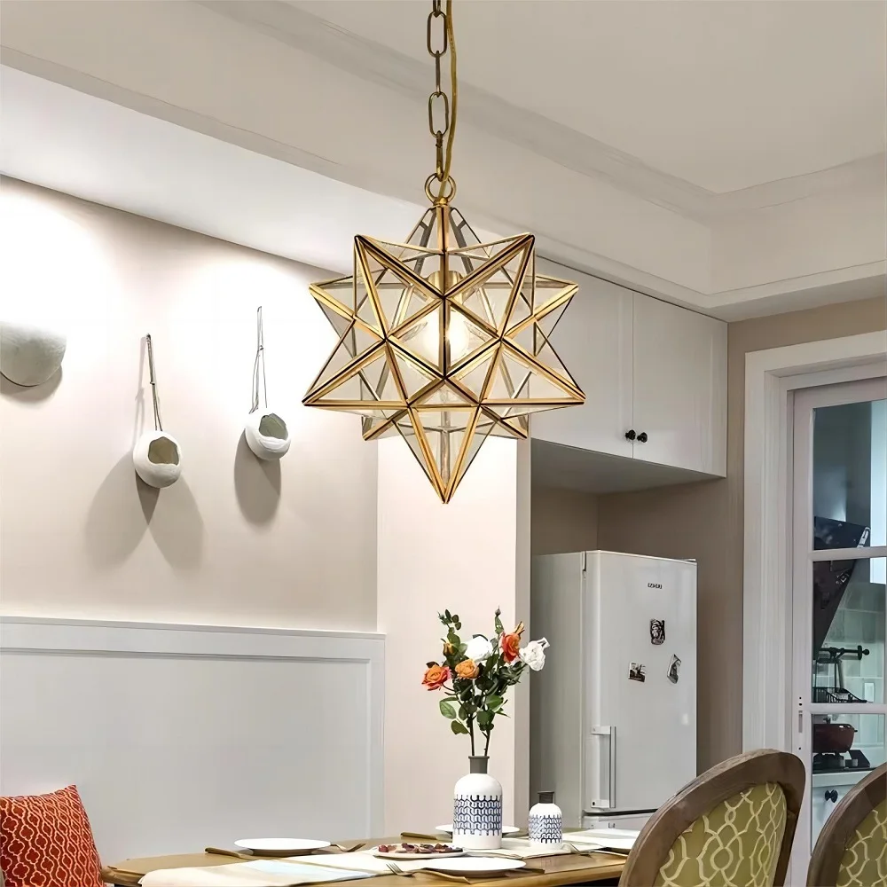 Nordic Full Copper Art Star  Glass Pendant Lamp Geometric Retro Bronze  Home Decor Bars Cafe Aisle Hanging Lighting Fixtures