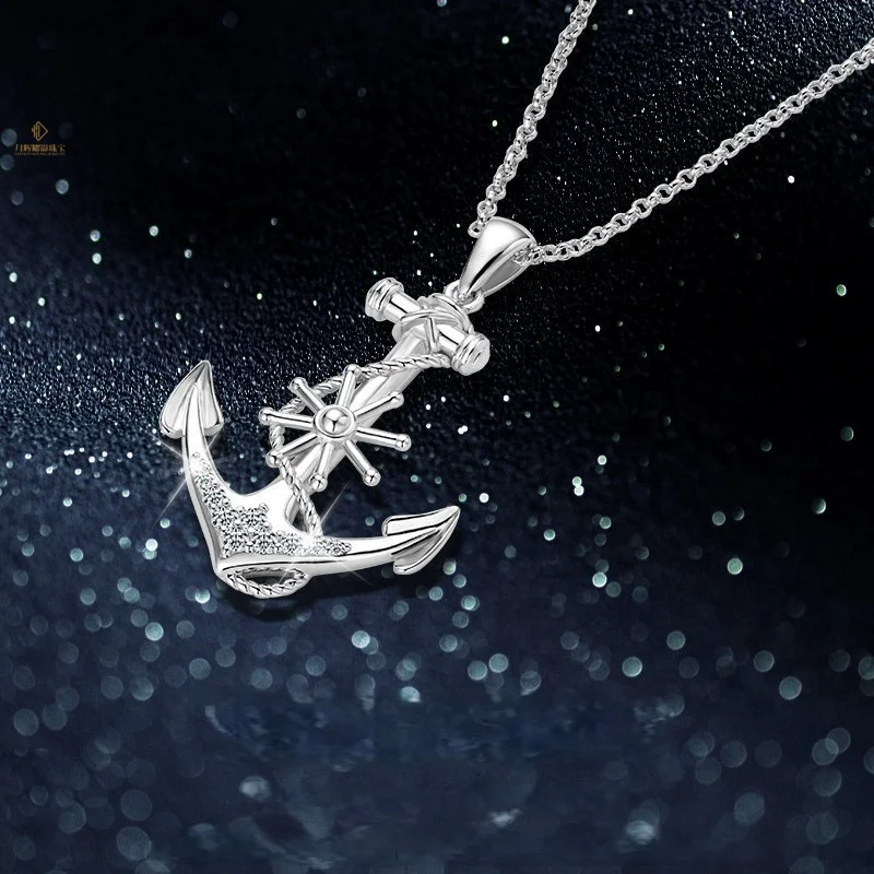 Custom Mossanite Jewelry VVS 2mm&1.8mm&1.5mm&1.2mm 925 Sterling Silver White Gold Plated Anchor Charm Pendant Necklace