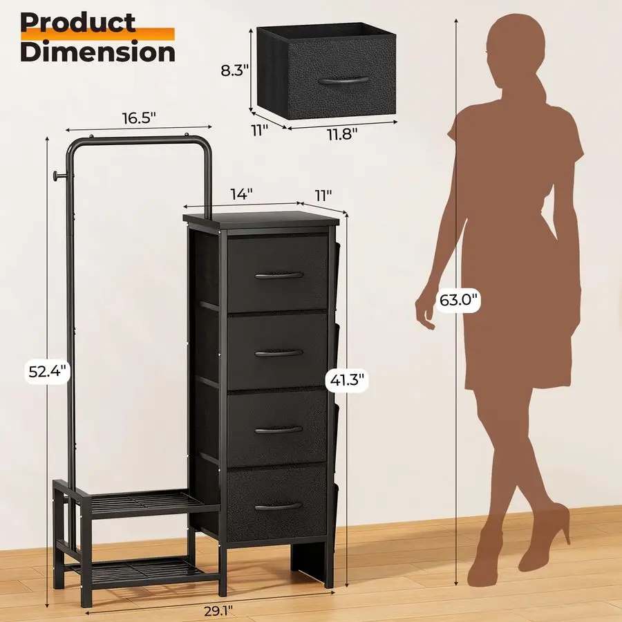 Cómoda con estante colgante, 4 cajones, 4 bolsas laterales, cómoda de tela con estantes inferiores, 52 perchero alto para mujer