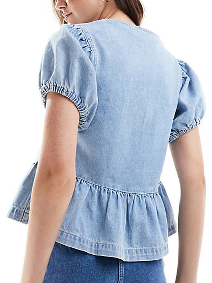 Women's Summer Fashion Denim Shirt Solid Color Short Puff Sleeve Tie Front Peplum Blouse Babydoll Shirts Tops Streetwear