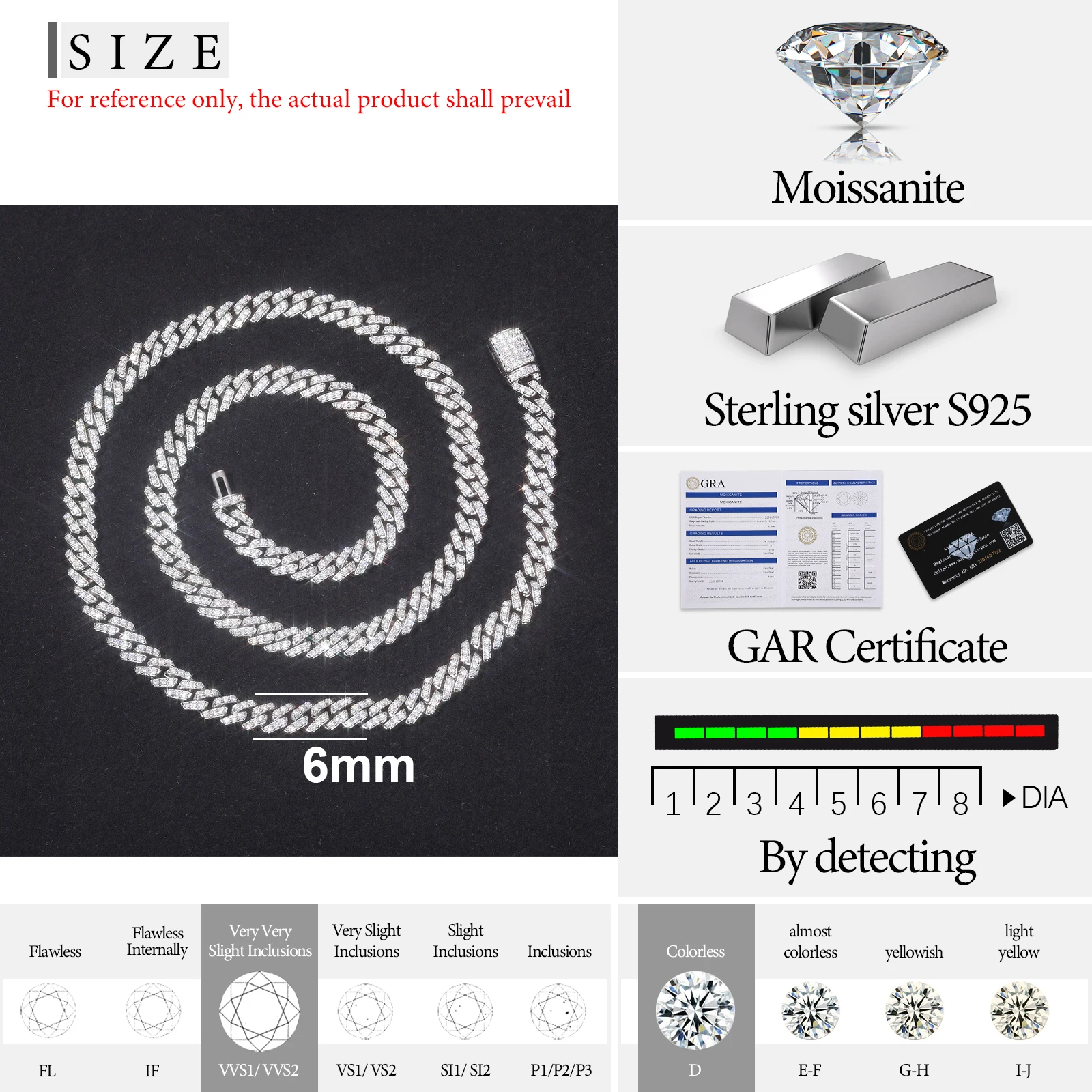 925 Sterling Micro VVS Moissanite Diamante Prong Cubano Link Pulseira, Iced Pass Tester Diamante, Ouro Branco Fora, Hip Hop Jóias, 6mm