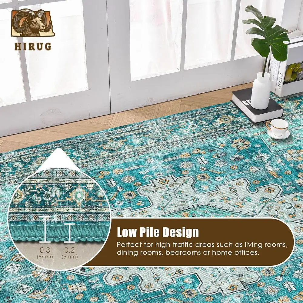 8x10' Persian-Style Washable Area Rug - Non-Slip, Durable, Teal & Gold for Home Decor