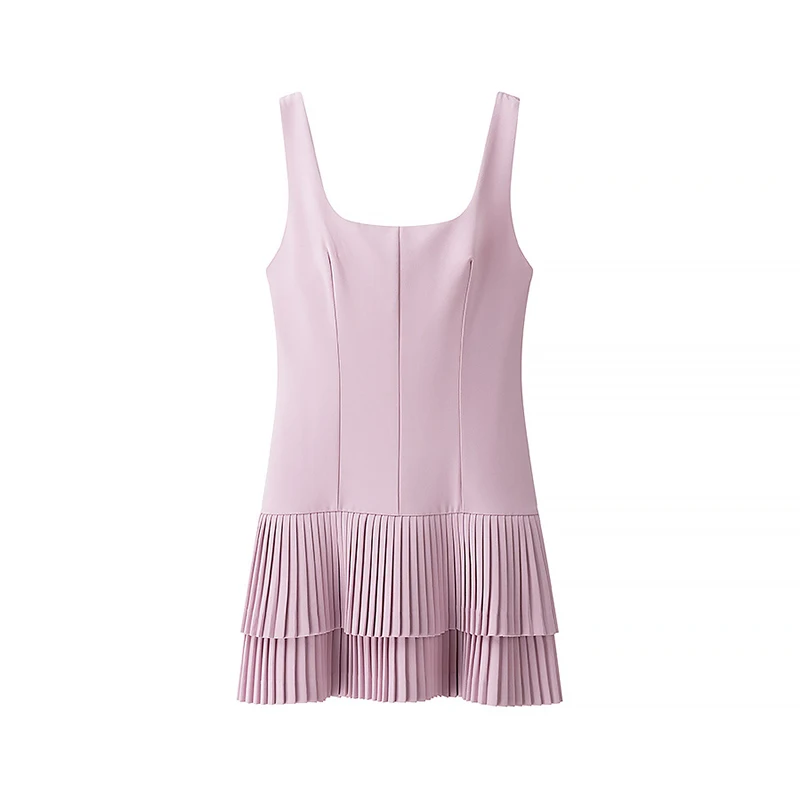 YENKYE Sexy Women Square Neck Sleeveless Tank Lavender Dress Cascade Ruffles Pleated Hem Mini Dresses Short Vestidos