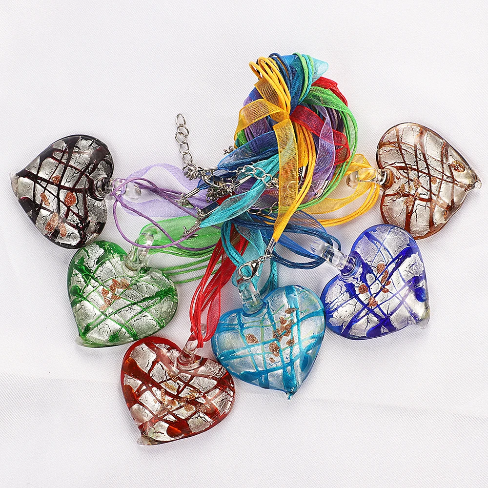 

Wholesale 6pcs Gandmade Murano Lampwork Glass Mixed Color Stripe Heart Pendant Silver P necl0085Hot Jewelry Gift Necl0114