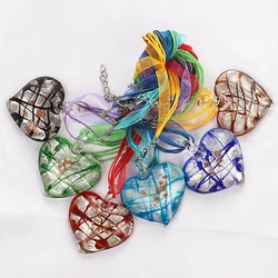 Wholesale 6pcs Gandmade Murano Lampwork Glass Mixed Color Stripe Heart Pendant Silver P Hot Jewelry Gift Necl0114
