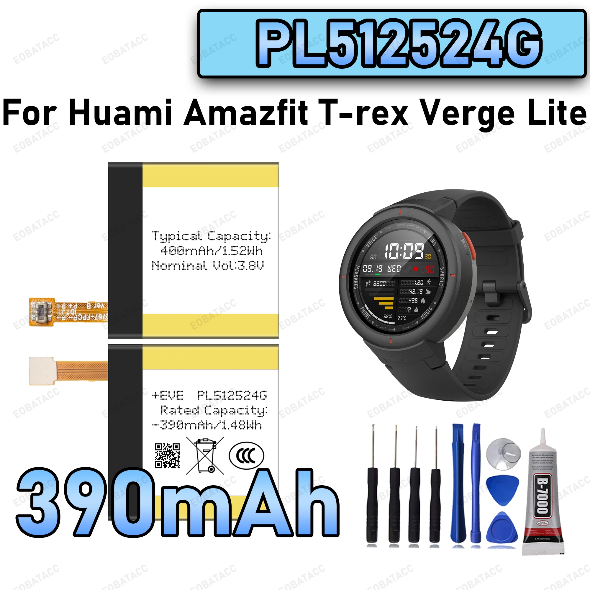 

100% New Zero Cycle PL512524G For Huami Amazfit T-rex Verge Lite Smart Watch Bateria +Free Tools