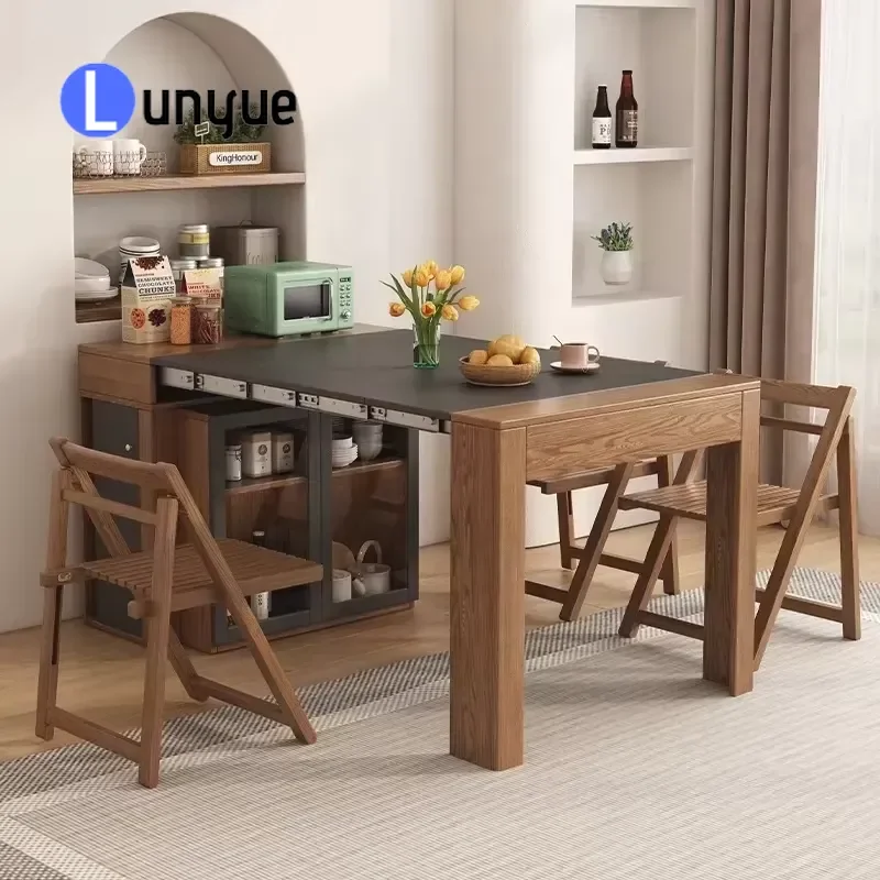 Modern Wooden Dining Table Retractable Folding Multifunctional Furniture for Home Restaurant Space Saving Extendable Design