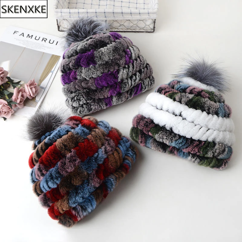

Women Winter Warm Real Rex Rabbit Fur Hat With Fox Fur Pompoms Natural Knitted Fur Cap Female Outdoor 100% Real Rabbit Fur Hats