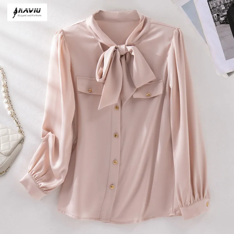 NAVIU High Quality Satin Women Elegant Chic Bow Collar Shirts Korean Solid Long Sleeve Blouse Top Bluasa Mujer De Mold 2024 New