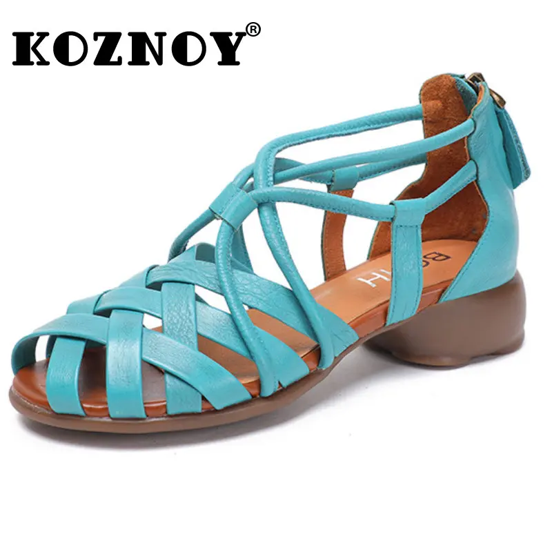 

Koznoy Women Summer Leather Sandals 4cm Flats Weave Cow Natural Genuine Fashion ZIP Summer Slippers Comfy Moccasins Ladies Shoes