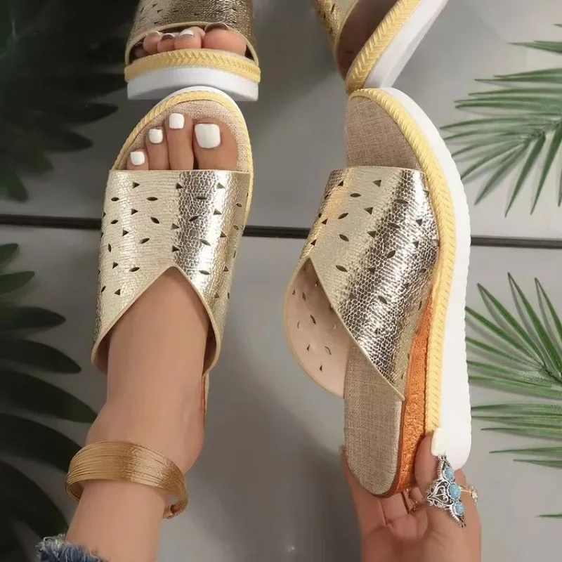 Pantoufles compensées pour femmes, chaussures d'été Peep Parker, sandales diapositives mode, pantoufles à plateforme décontractées, sandales à rabat pour femmes