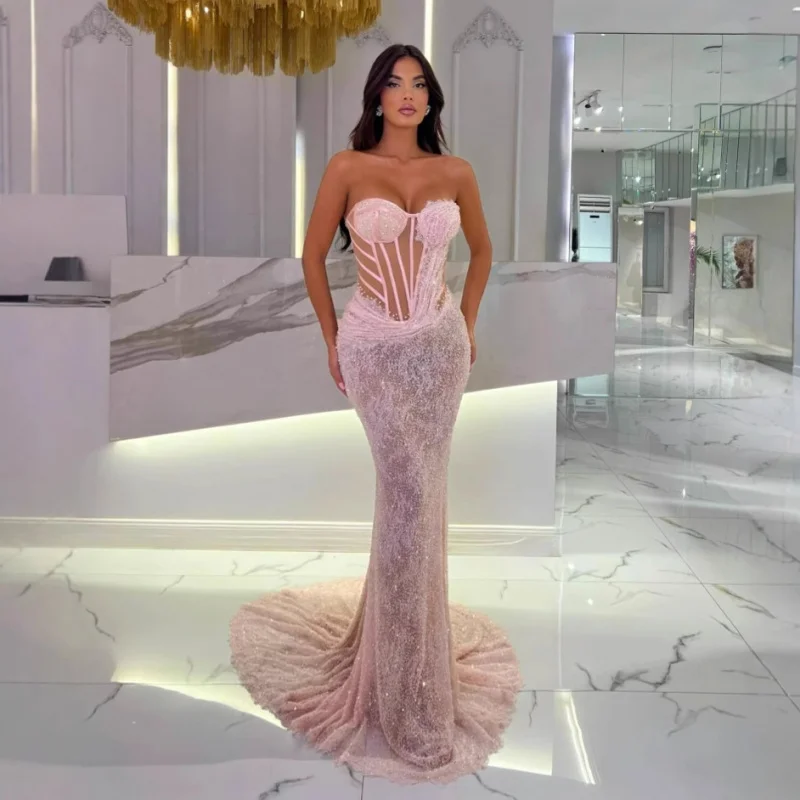 

New Pink Sequin Sexy Mermaid Strapless Dress High-End Socialite Party Evening Gown