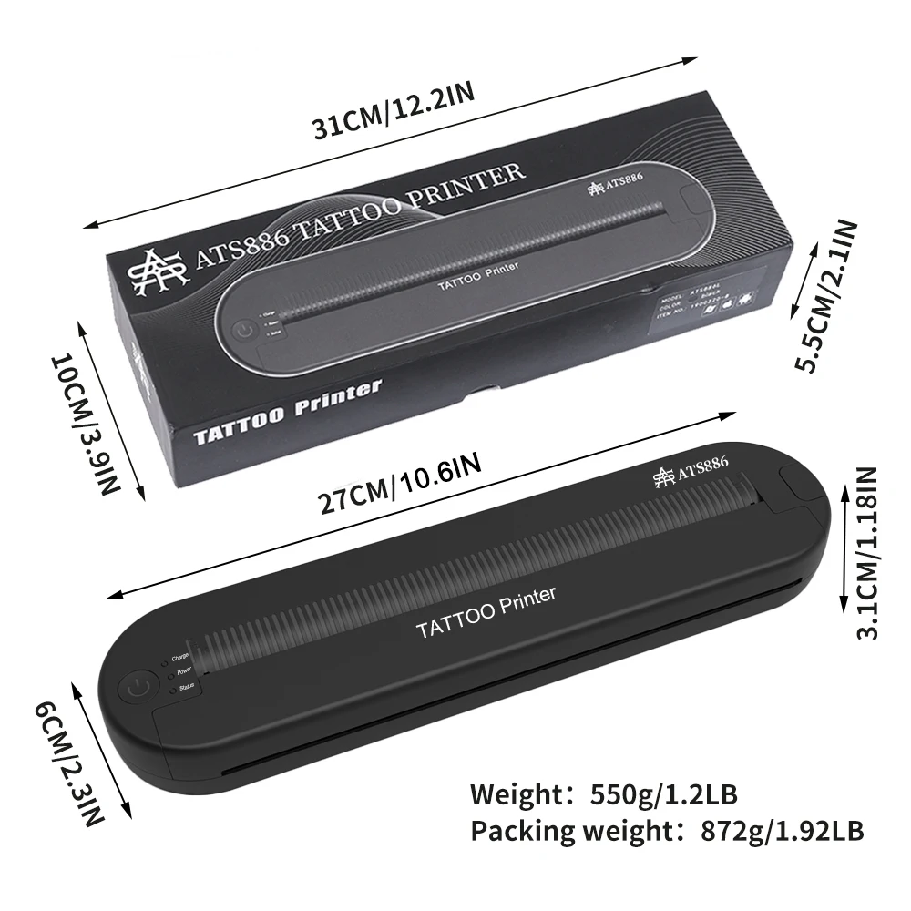 YILONG Portable A4 Thermal Tattoo Transfer Printer Wireless Bluetooth Copier with 100 Sheets Thermal Paper for Tattoo Supplies