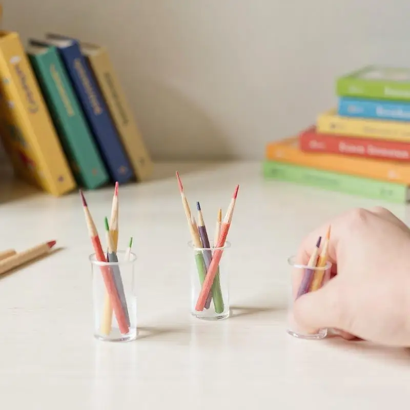 Small 1:12 Scale Dollhouse Accessories - 6pcs Pen Cup Holder with Color Pencils for Learning Scene